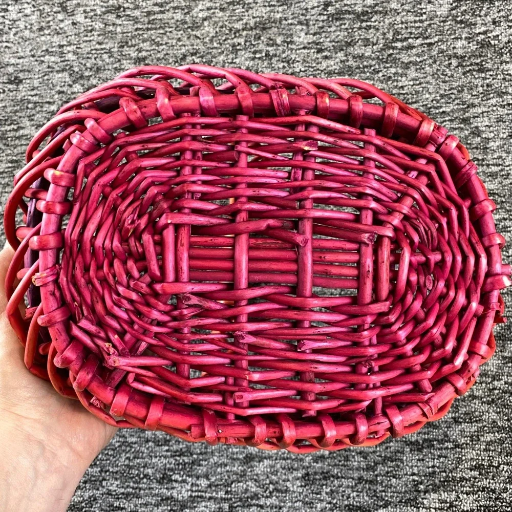 Vintage Red Woven Wicker Gathering Basket 11 Inch Handled Rustic Farmhouse Decor